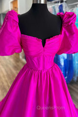 Square Neck Fuchsia Puff Sleeves A-Line Evening Prom Dress