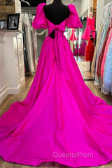 Square Neck Fuchsia Puff Sleeves A-Line Evening Prom Dress