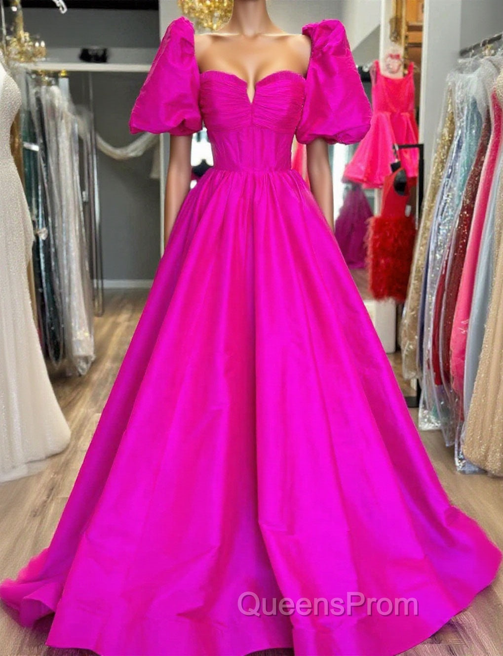 Square Neck Fuchsia Puff Sleeves A-Line Evening Prom Dress Main image