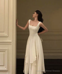 Square Neck White Asymmetric A-Line Long Evening Dress