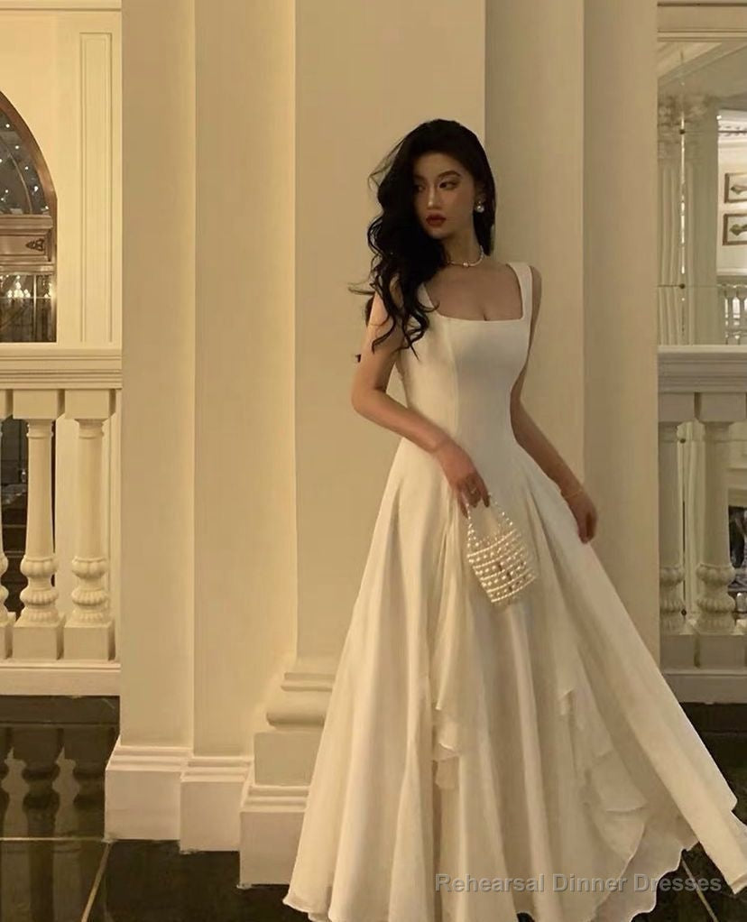 Square Neck White Asymmetric A-Line Long Evening Dress