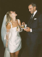 Square Neck White Satin Short Wedding Dress with Bow Back and Veil