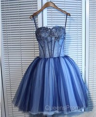 Charming Blue Lace Tule A Lin Short Evening Prom Dress, Homecoming Dress