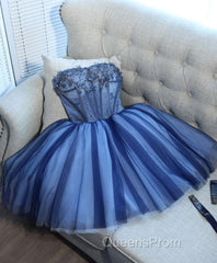 Charming Blue Lace Tule A Lin Short Evening Prom Dress, Homecoming Dress
