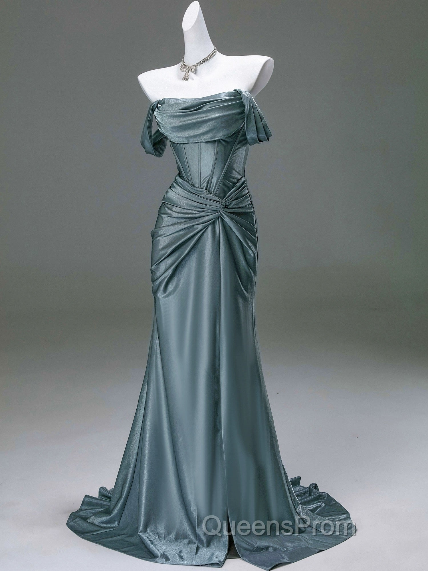 Steel Blue Silk Evening Dress - Corset Back Evening Prom Dress with Off-the-Shoulder Design Plus Size
