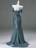 Steel Blue Silk Evening Dress - Corset Back Wedding Dress with Off-the-Shoulder Design Plus Size