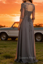Steel Grey Appliqued A Line Pleated Beaded Mother Of The Bride Dress with Half Sleeves