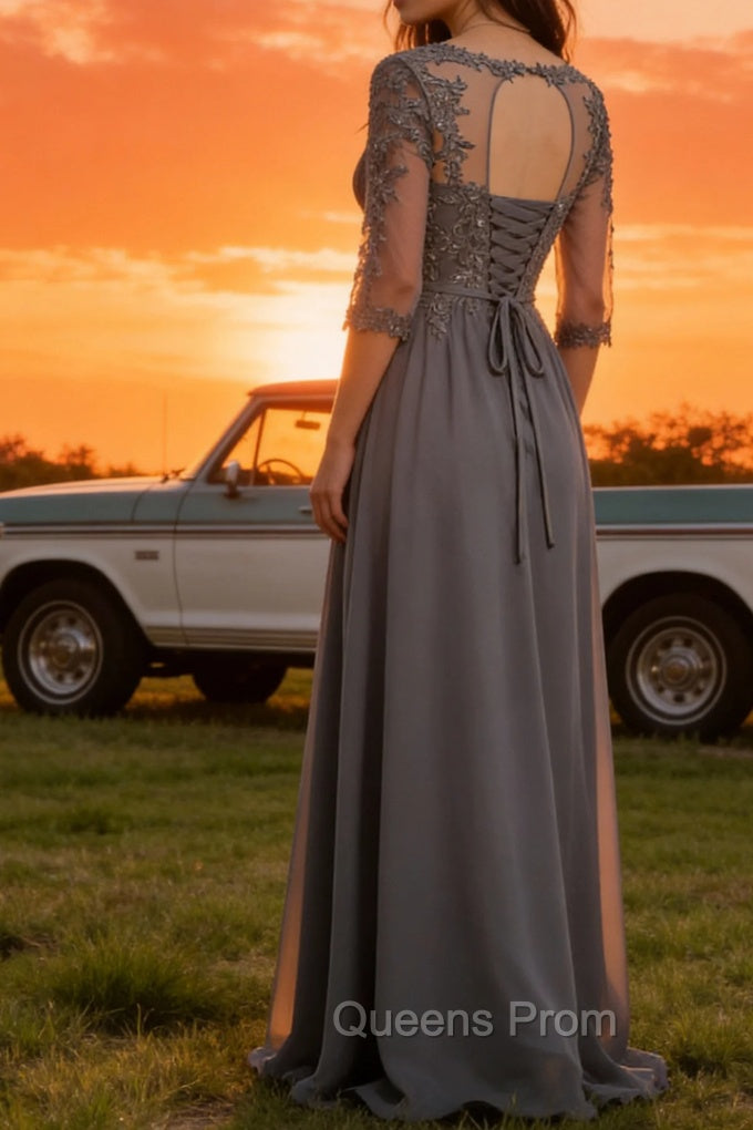 Steel Grey Appliqued A Line Pleated Beaded Mother Of The Bride Dress with Half Sleeves