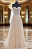 Strapless A-Line/Princess Sweep Train Tulle Evening Prom Dress With Beaded