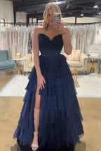 Strapless A-Line Ruffle Long Prom Dress With Split