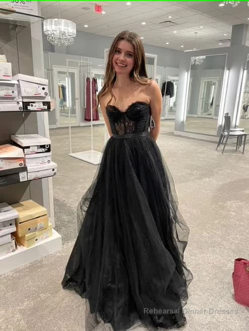Strapless A Line Tulle Prom Dress Black Lace Evening Gown Main image