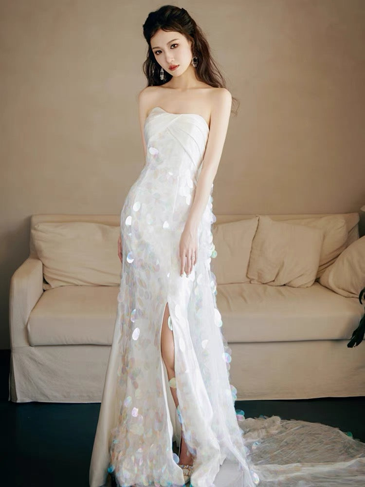 Strapless A Line White Sequin Long Classy Prom Dress Classy Party Dress Main image
