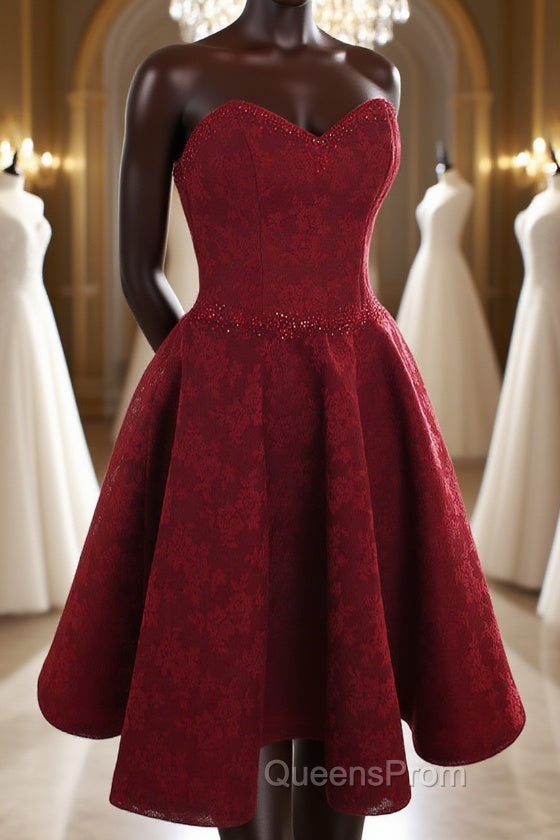 Strapless Backless Burgundy Lace Short Evening Prom Dress, Short Burgundy Lace Homecoming Dress Main image