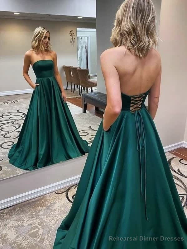 Strapless Backless Emerald Green Long Prom with Pocket, Backless Emerald Green Formal Graduation Evening Main image