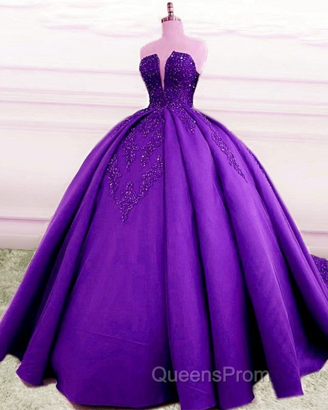 Strapless Ball Gown Satin Dress Lace Appliques