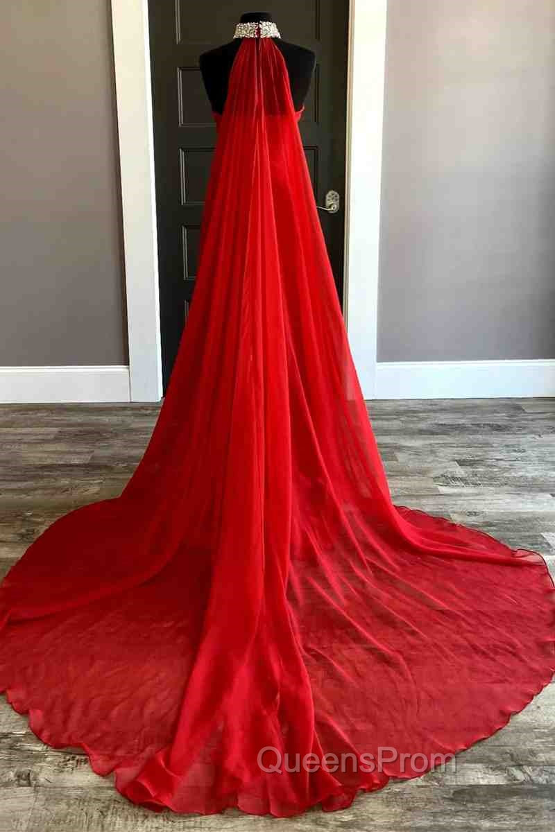 Strapless Beaded Side Slit Red Long Evening Prom Dress With Cape Secondary image