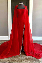 Strapless Beaded Side Slit Red Long Evening Prom Dress With Cape