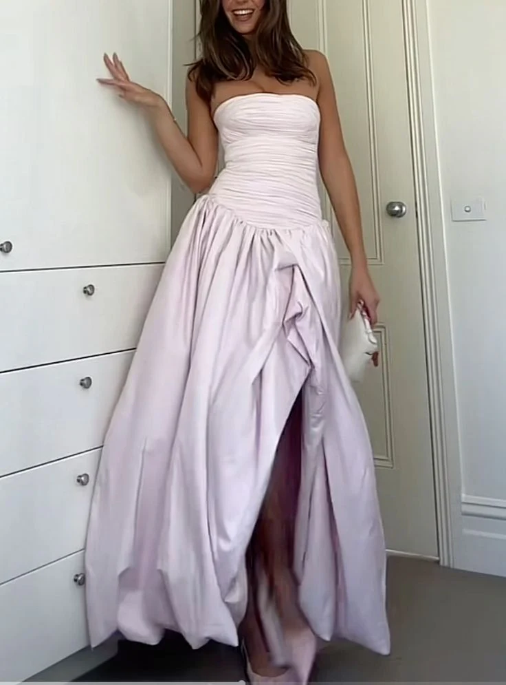 Strapless Black A Line Long Classy Prom Dress With Slit