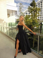 Strapless Black A Line Long Classy Prom Dress With Slit
