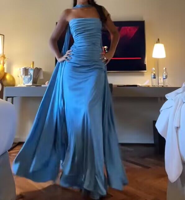 Strapless Blue A Line Satin Long Classy Prom Dress Classy Party Dress