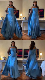 Strapless Blue A Line Satin Long Classy Prom Dress Classy Party Dress
