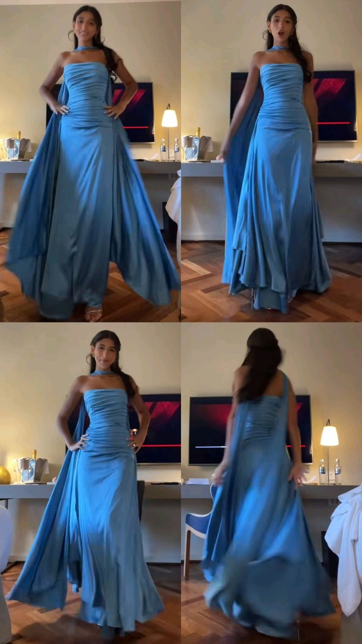 Strapless Blue A Line Satin Long Classy Prom Dress Classy Party Dress