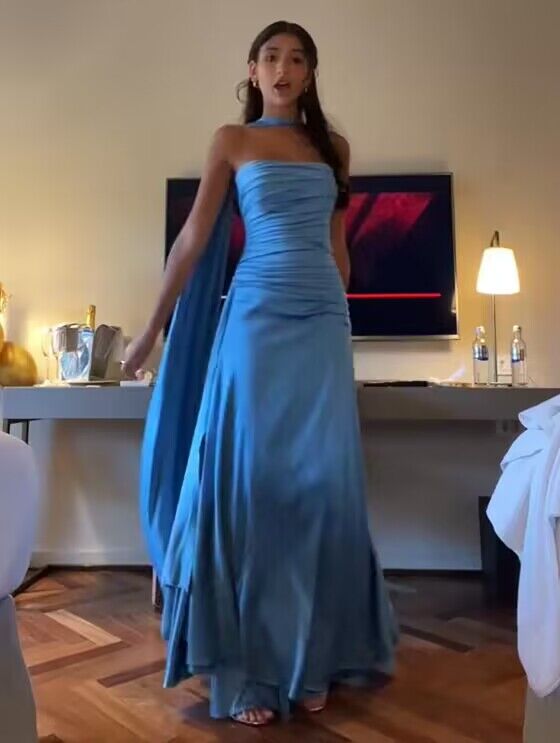 Strapless Blue A Line Satin Long Classy Prom Dress Classy Party Dress Main image
