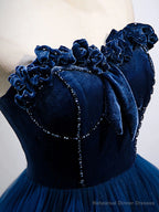 Strapless Blue Velvet Long Prom Dresses, Blue Velvet Long Formal Graduation Dresses