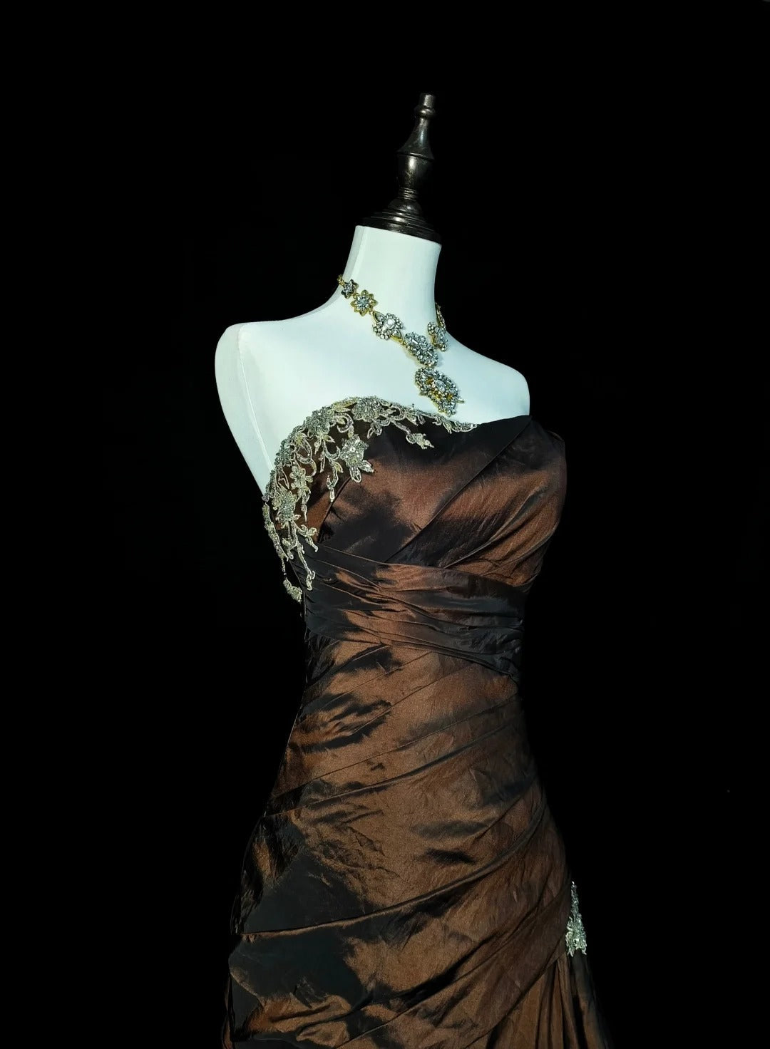 Strapless Brown Vintage Classy Evening Dress, Sleeveless Long Party Gowns Secondary image