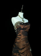 Strapless Brown Vintage Classy Evening Dress, Sleeveless Long Party Gowns