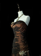 Strapless Brown Vintage Classy Evening Dress, Sleeveless Long Party Gowns