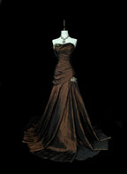 Strapless Brown Vintage Classy Evening Dress, Sleeveless Long Party Gowns