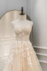 Strapless Champagne Lace Tulle Long Evening Prom Dress, Champagne Lace Formal Evening Dress