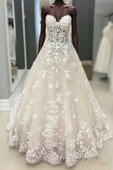 Strapless Champagne Lace Wedding Dress Evening Prom Dress, Formal Gown