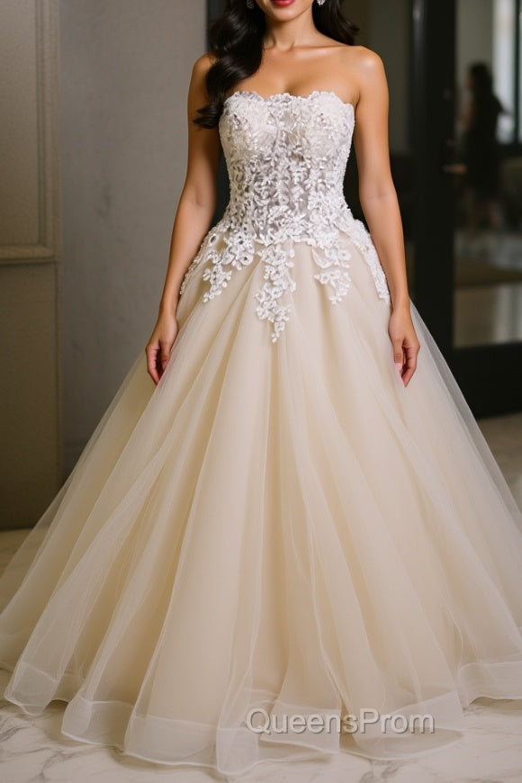 Strapless Champagne Long Evening Prom Dress with Lace Appliques, Champagne Lace Formal Evening Dress Main image