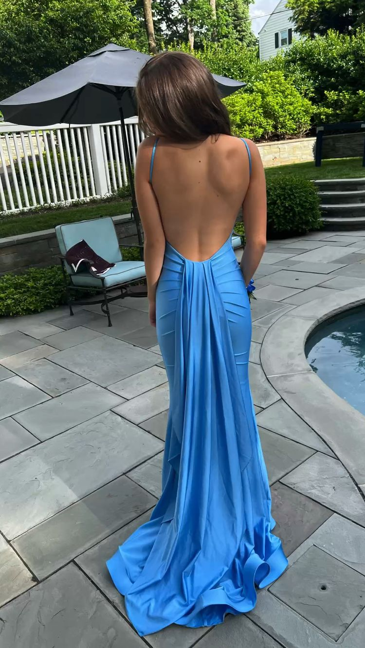 Sexy Blue Mermaid Classy Prom Dress,Open Back Long Classy Evening Party Dress