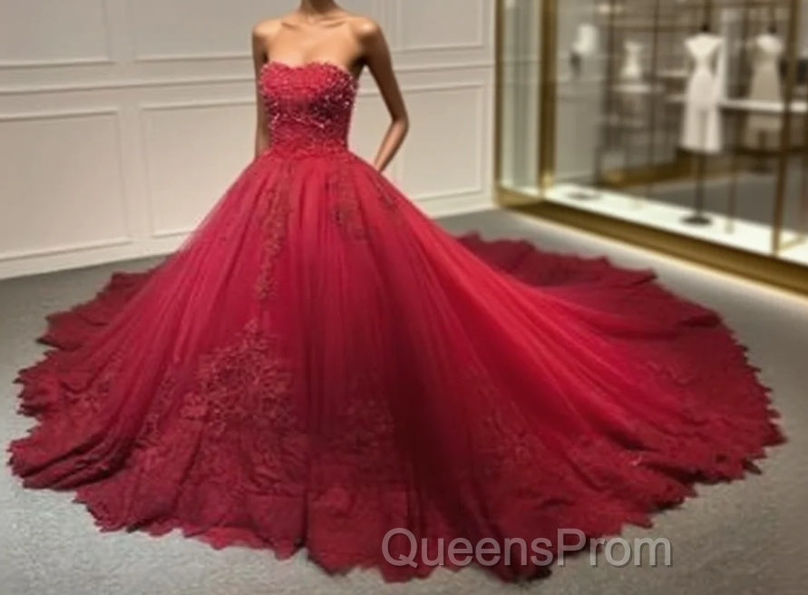 Strapless Dark Red Ball Gown Lace Appliques Pearls Crystals Sequins Beaded Wedding Dress Evening Prom Dress Main image