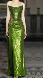 Strapless Green Sequin Classy Prom Dress With Split,