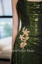 Strapless Green Sequin Classy Prom Dress With Split,