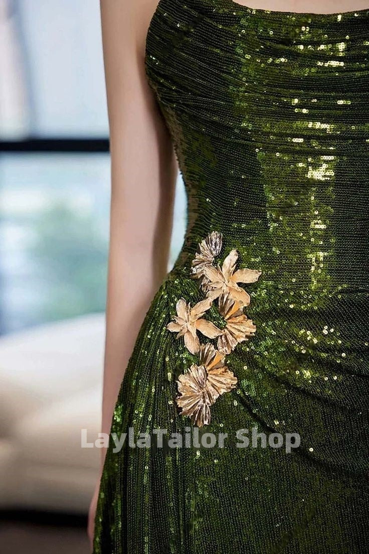 Strapless Green Sequin Classy Prom Dress With Split,