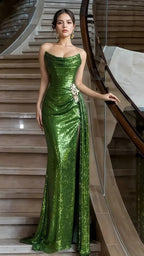 Strapless Green Sequin Classy Prom Dress With Split,