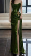 Strapless Green Sequin Classy Prom Dress With Split,