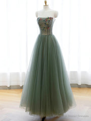Strapless Green Tulle Floral Long Prom Dresses, Green Tulle Floral Formal Evening Dresses
