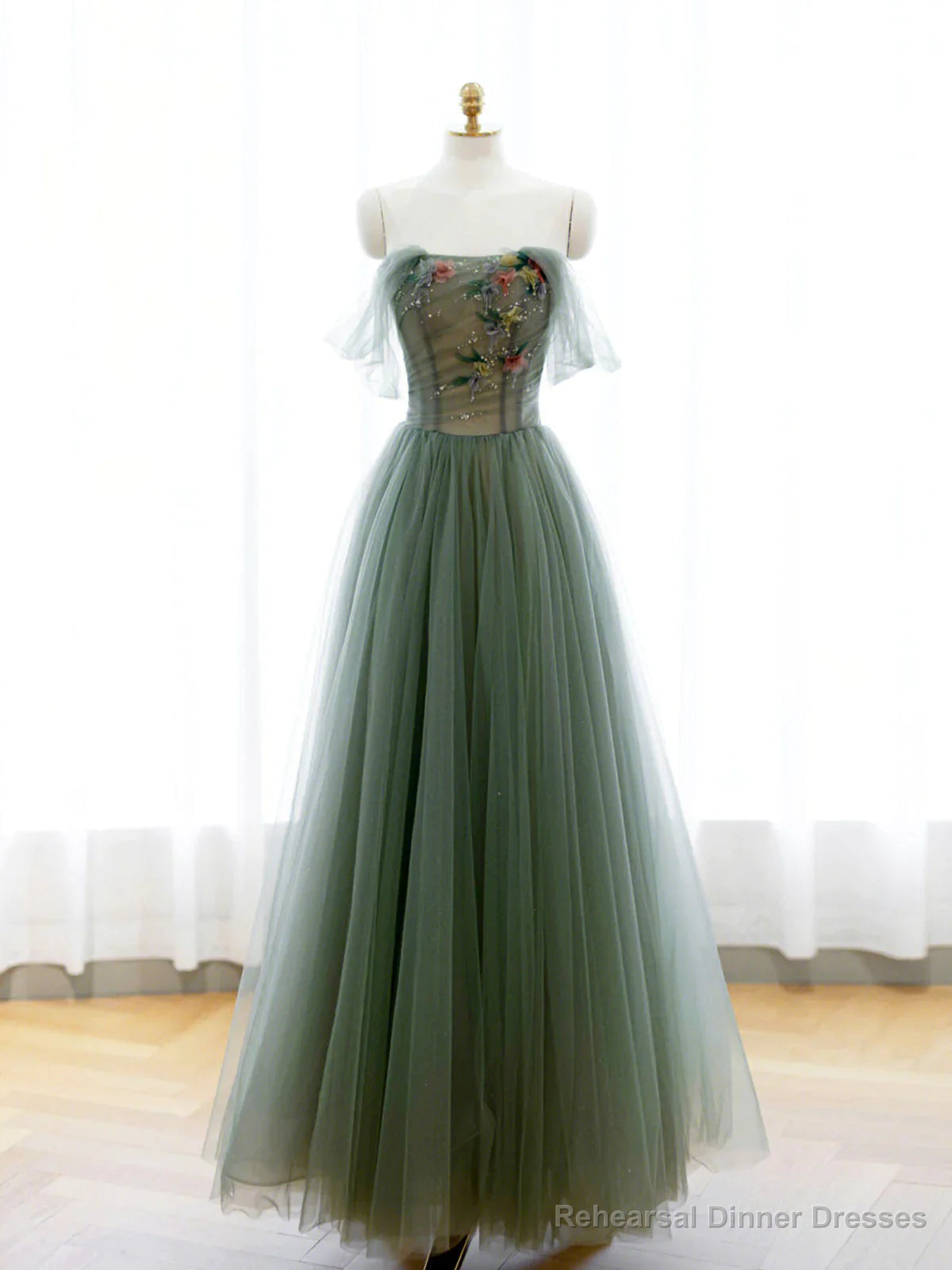 Strapless Green Tulle Floral Long Prom Dresses, Green Tulle Floral Formal Evening Dresses Main image