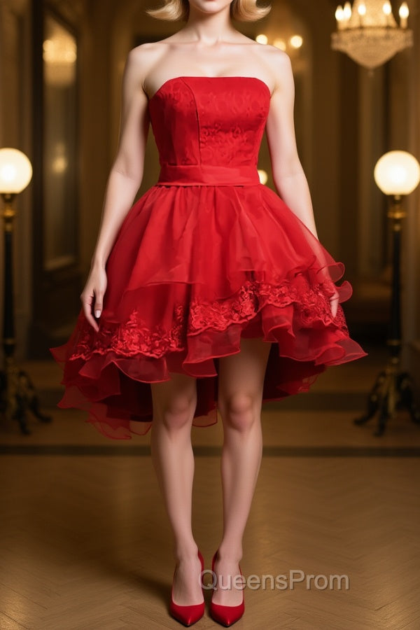 Strapless High Low Red Lace Evening Prom Dress, High Low Red Homecoming Dress, Short Red Lace Formal Graduation Evening Dress Main image