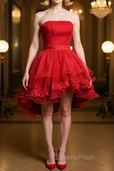 Strapless High Low Red Lace Evening Prom Dress, High Low Red Homecoming Dress, Short Red Lace Formal Graduation Evening Dress