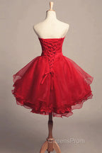 Strapless High Low Red Lace Evening Prom Dress, High Low Red Homecoming Dress, Short Red Lace Formal Graduation Evening Dress