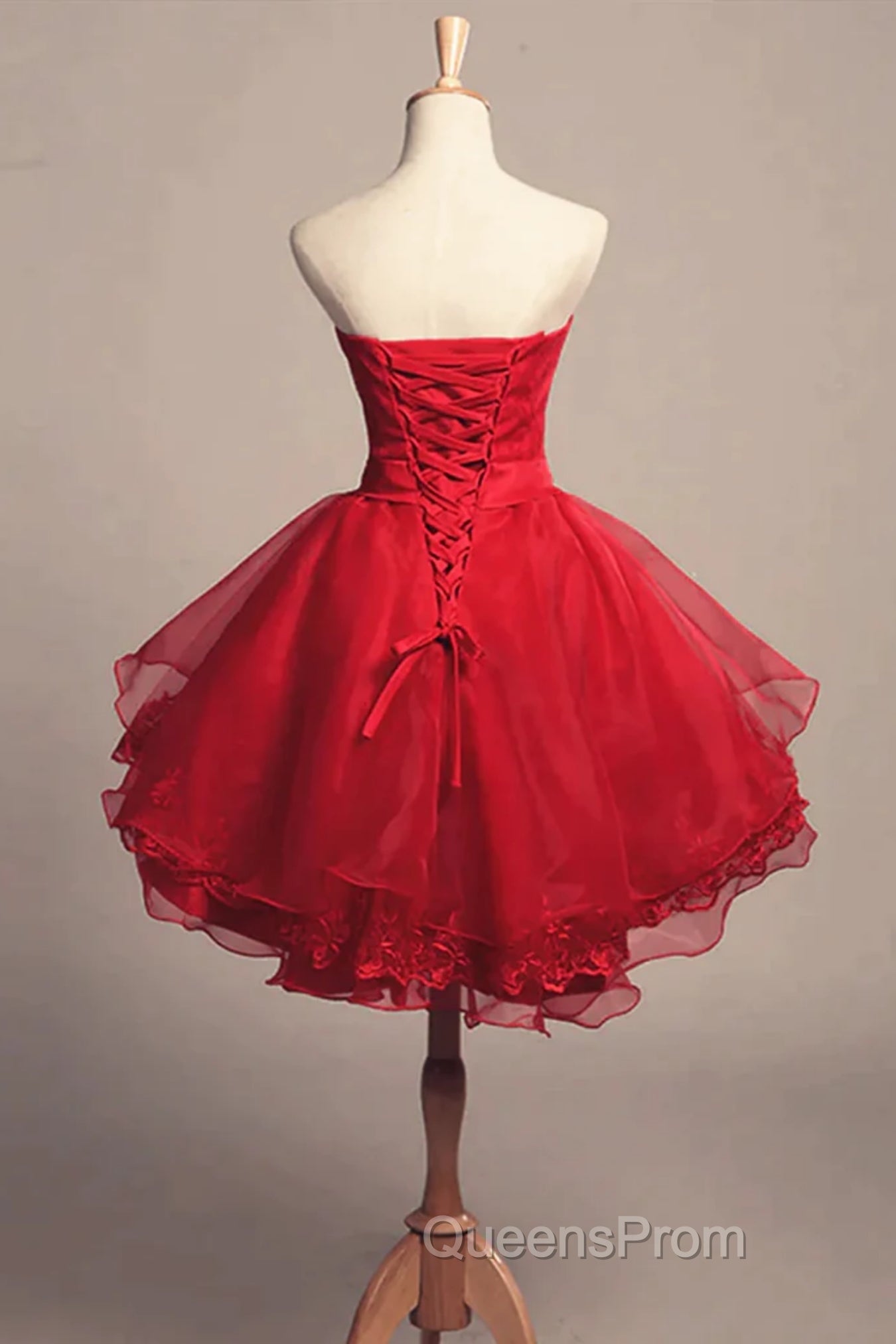 Strapless High Low Red Lace Evening Prom Dress, High Low Red Homecoming Dress, Short Red Lace Formal Graduation Evening Dress
