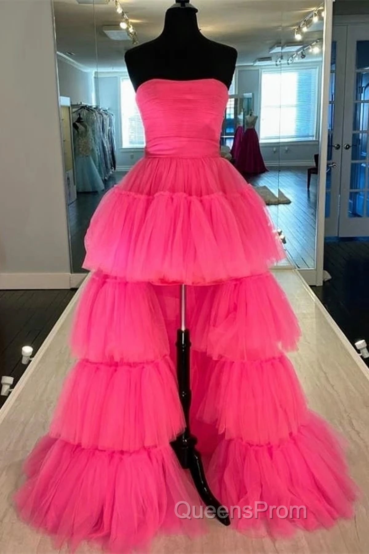 Strapless Hot Pink High Low Evening Prom Dress, Hot Pink High Low Formal Homecoming Dress Secondary image