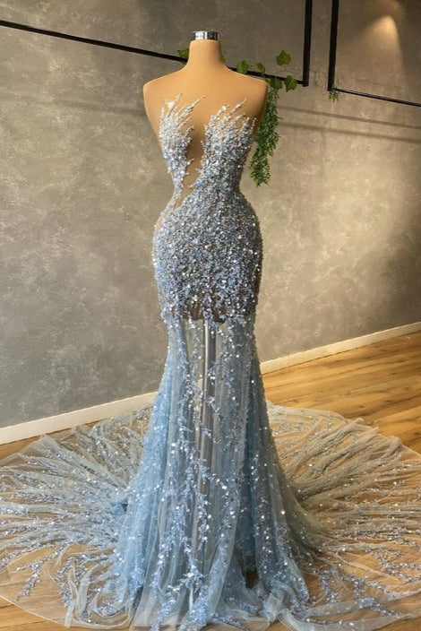 Strapless Hot Sequin Sparkle Beaded Column Court Train Prom Dresses Main image